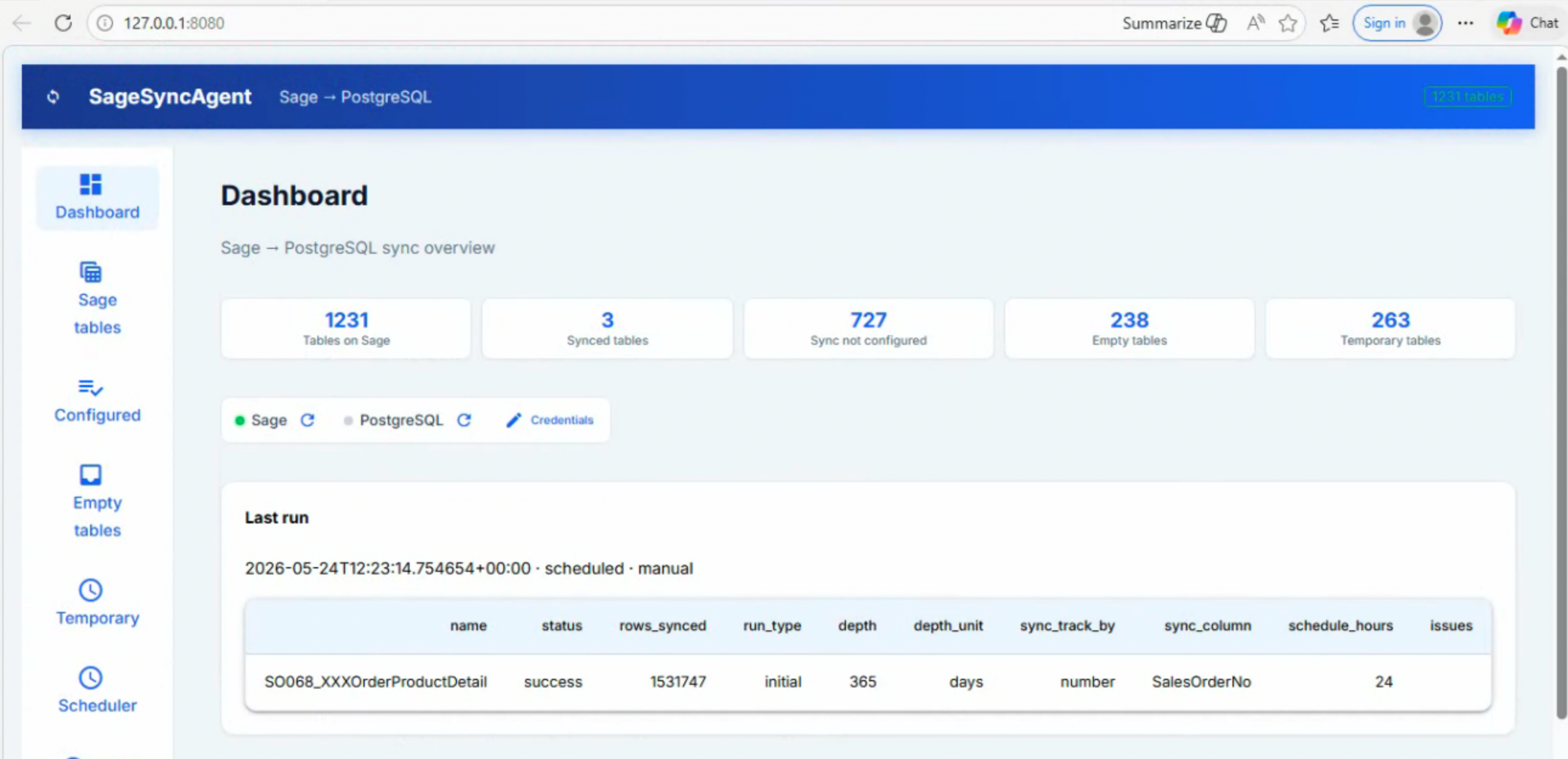 SageSyncAgent Sage 100 Providex database sync dashboard