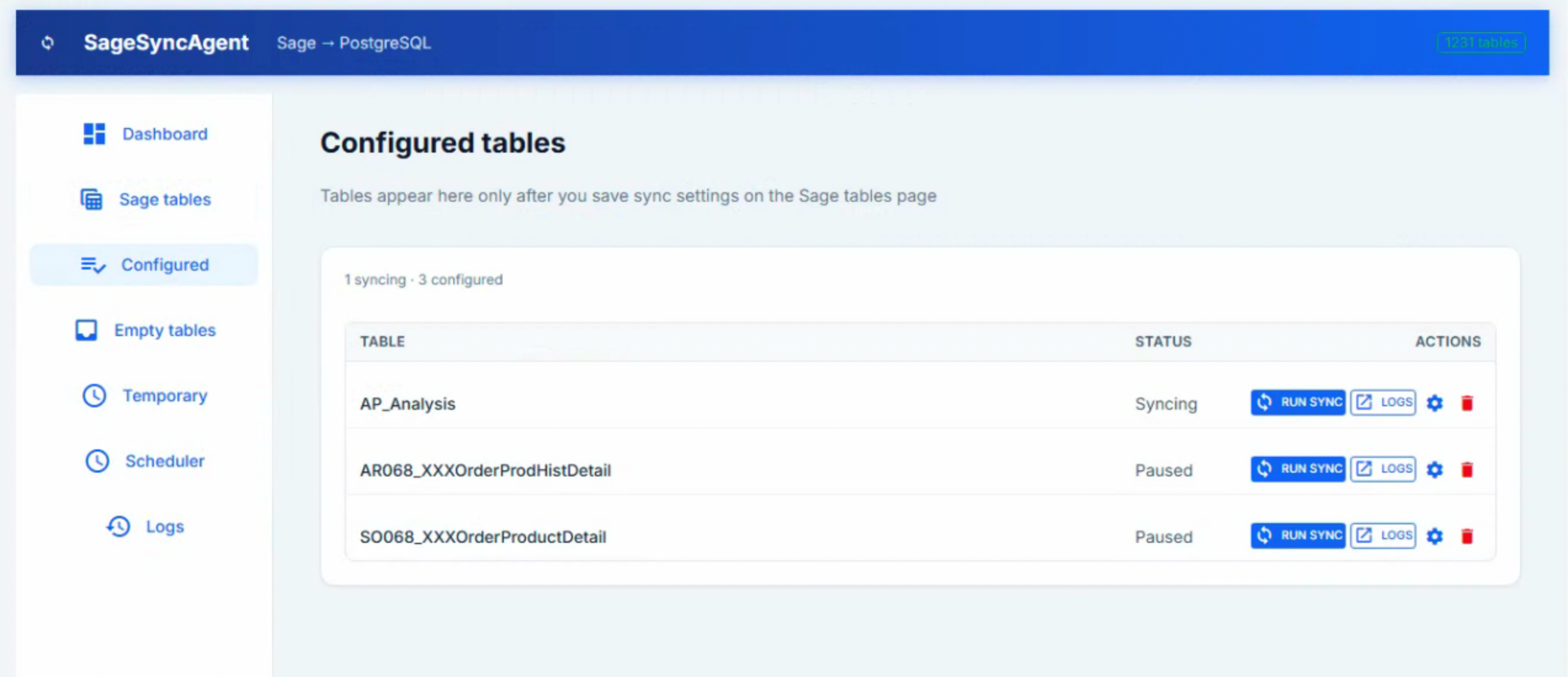 SageSyncAgent configured tables